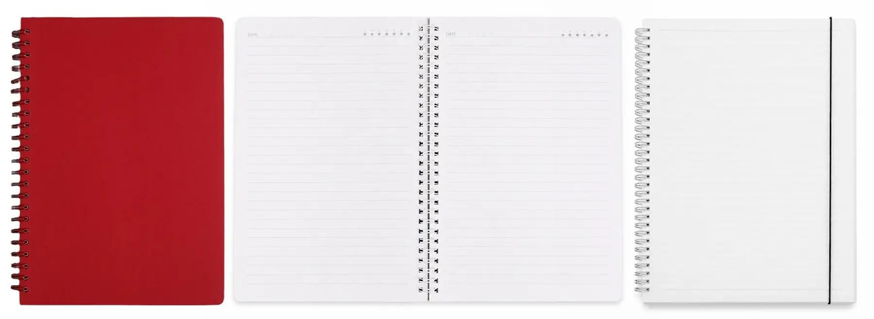 Red spiral notebook shown in closed, open-flat, and folded-back positions.